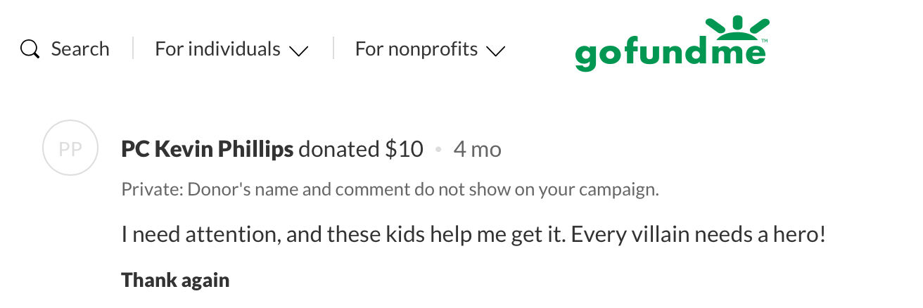 Screenshot of GoFundMe post under name "PC Kevin Phillips"